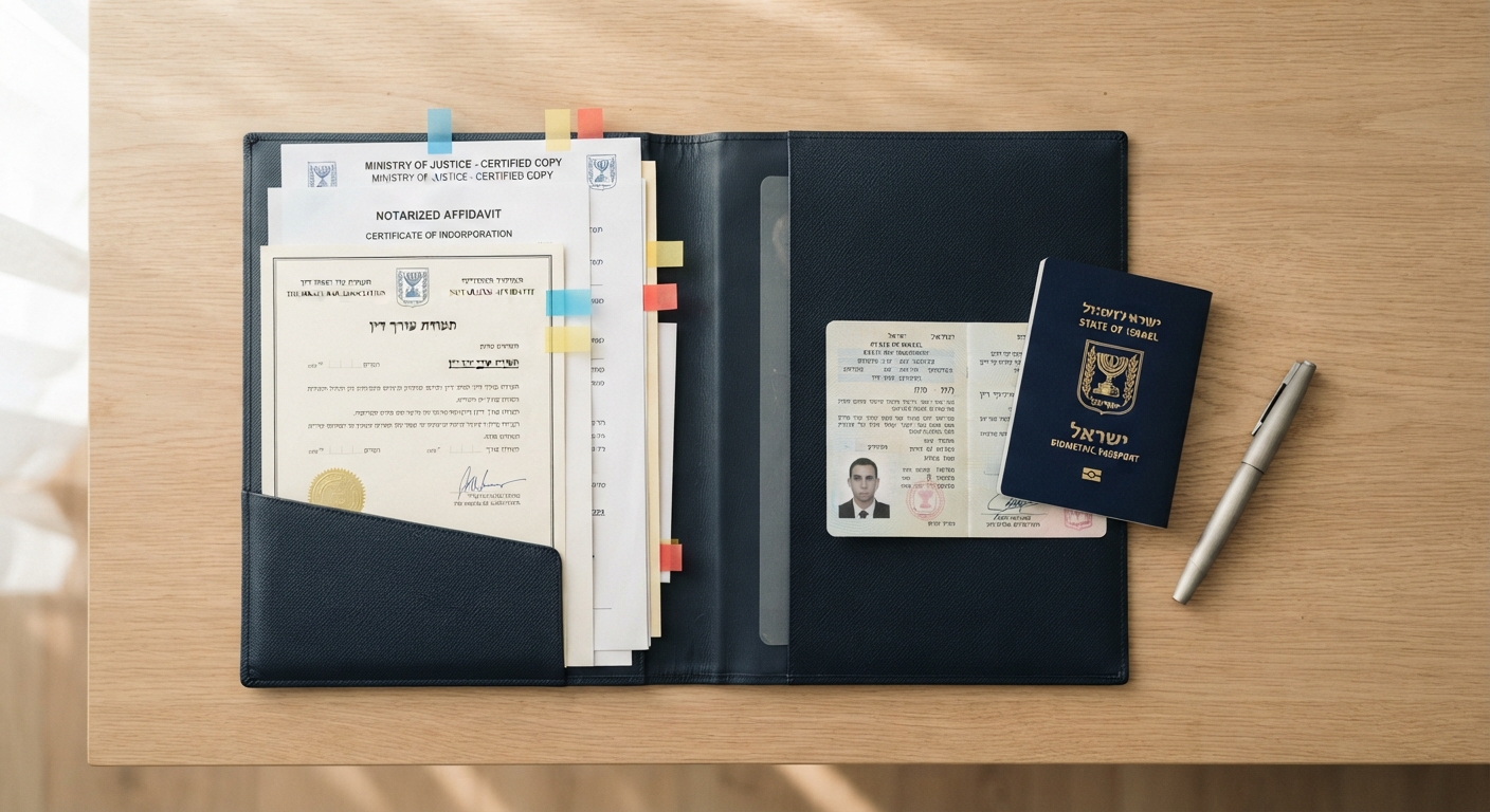 תיקיית מסמכים משפטיים ונוטריוניים פתוחה על שולחן לצד דרכון ישראלי ועט